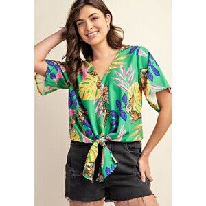 New Gigio M 8 10 Jade Green Tropical Butterfly Tie Front Short Sleeve Top Cruise